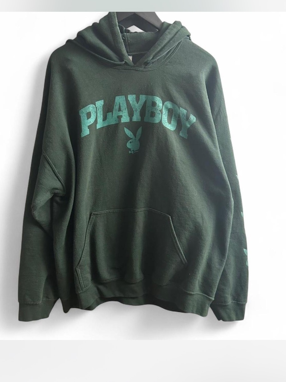 Gildan Heavy Blend Playboy Bunny Graphic Logo Green Pullover Hoodie Pockets XL